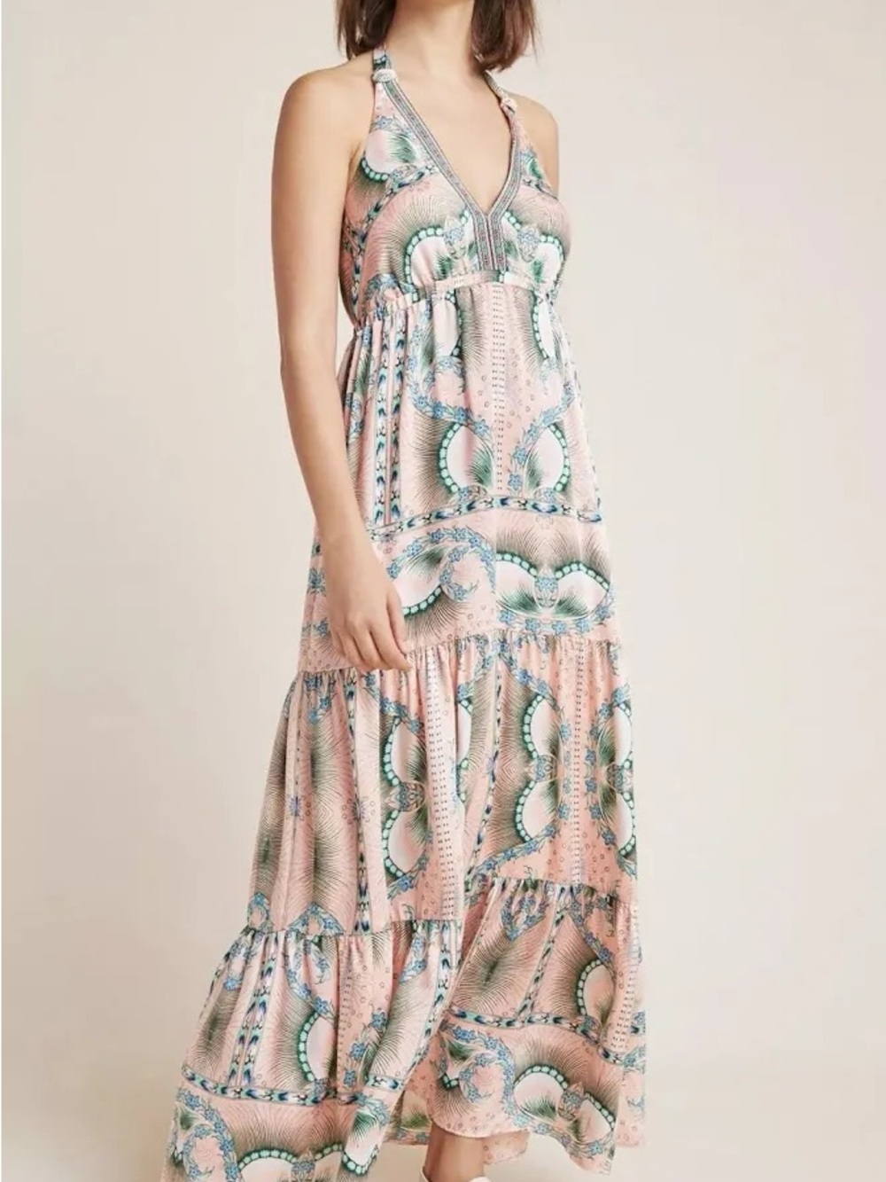 Light Pink Halter Maxi Dress with Paisley Print